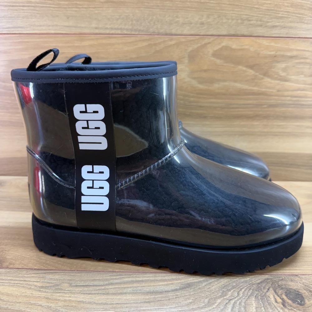 UGG Classic Clear Mini Boot Womens 7 Black Sherpa Shearling Fur Lined Jelly Cozy